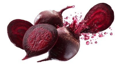 flying red beetroot and half slices isolated on transparent white background,