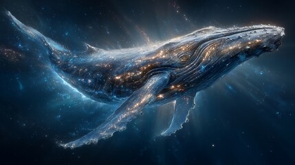 Fototapeta premium Awe-inspiring Celestial Humpback Whale Adorned with Stars Navigating the Cosmic Ocean Depths