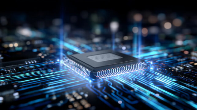 Close-up of a sleek AI chip glowing with neon circuits, data streams flowing around it, symbolizing fast processing and energy trading in a futuristic digital environment