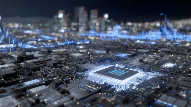 Hyper-detailed view of an artificial intelligence processor with illuminated pathways, holographic data streams and energy trading graphs hovering above, high-tech visualization