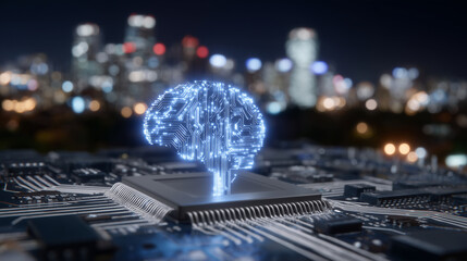 AI chip embedded in a circuit board, glowing neural pathways transmitting data at high speed, abstract digital energy trading interface in background