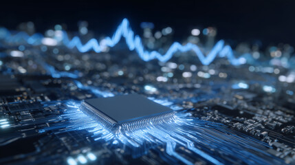Advanced AI processor embedded on circuit board, neon-lit pathways, fast-moving data streams, abstract digital energy trading visualization in holographic display
