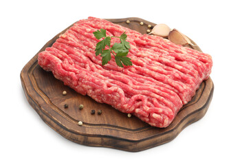 Raw minced meat with parsley and spices isolated on white