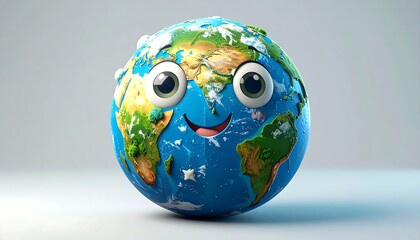 A charming, cartoonish globe with large, expressive eyes and a smiling mouth against a gradient background. Its continents are detailed