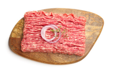 Raw minced meat with thyme and onion isolated on white, top view