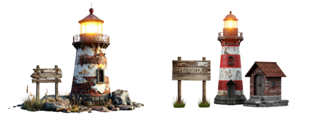 Set of Old Stone Lighthouse with Wooden Signboard PNG Close-Up View