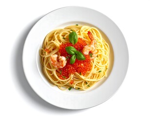 Delicious Shrimp Pasta with Red Caviar.