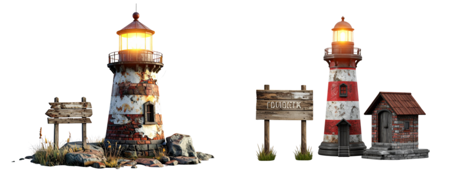 Set of Old Stone Lighthouse with Wooden Signboard PNG Close-Up View