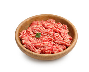 Fresh raw minced meat in bowl isolated on white