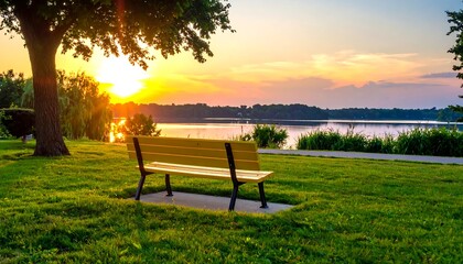 Peaceful Sunset Park Bench View.
