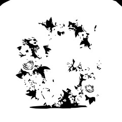 Naklejka premium Abstract Black Floral Wreath Design with Detailed Petals and Leaves on White.