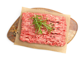Raw minced meat with peppercorns and rosemary isolated on white, top view