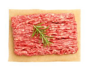 Raw minced meat with rosemary isolated on white, top view