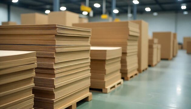 Stacks of thick paperboard ready for use in cardboard box manufacturing at a production facility, created with generative ai