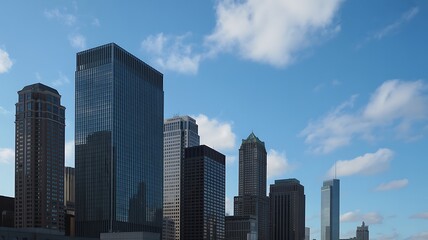 Fototapeta premium A majestic skyline of modern skyscrapers under a bright blue sky with fluffy white clouds creating a beautiful urban landscape