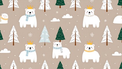 Cute Polar Bears in Winter Forest Pattern.