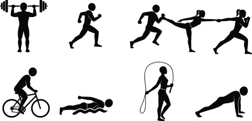 Fitness and workout silhouette vector set showing people exercising, running, cycling, swimming, boxing, skipping, weightlifting, and stretching for health and gym training
