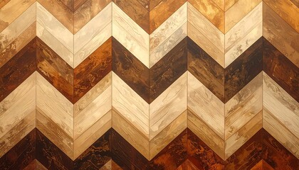 A close-up of a wooden floor with a chevron pattern using alternating light, medium, and dark toned wood pieces. The angle is overhead