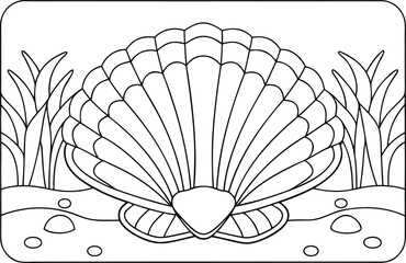 An empty clam shell rests on the ocean floor surrounded by small rocks and tall aquatic plants