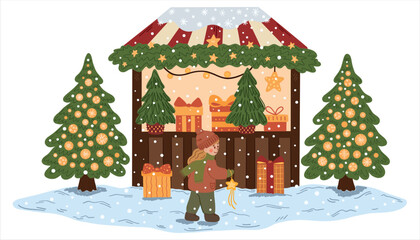 Hand-drawn cartoon illustration of a girl with a glowing star at a Christmas market. Festive lights and snow create a warm holiday atmosphere. Perfect for cards, books, and calendars.
