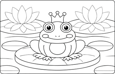 A cute frog prince with a tiny crown smiles happily on a lily pad among beautiful blooming water lilies