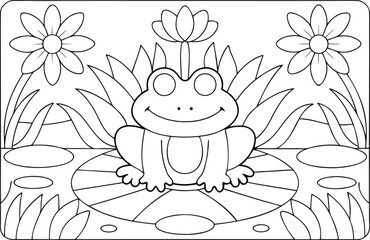 A friendly cartoon frog sits smiling on a lily pad in a peaceful pond with lovely blooming flowers