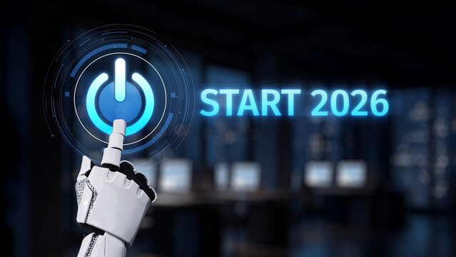 A futuristic robotic hand is poised to press a glowing power button, symbolizing the start of a new era in 2026. This image represents innovation, technology, and progress. Synapse