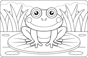 A happy cartoon frog sits on a large lily pad in a pond surrounded by tall grass