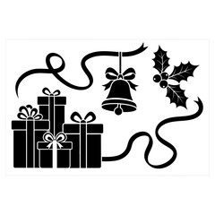 Christmas Gift Boxes Bell and Holly Sprig with Ribbons.