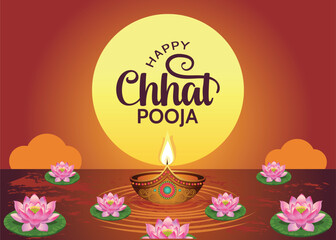 Happy Chhath Puja holiday background with lotus, diya, and elegant typography for greeting cards, banners, and posters celebrating the Sun God festival in Bihar and Uttar Pradesh, India.