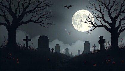 Fototapeta premium Spooky cemetery landscape with old tombstones and fog. Full moon spooky horror landscape, created with generative ai