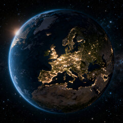 3d rendering of europe at night from space showing city lights