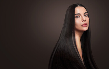 Fototapeta premium Woman with beautiful shiny smooth hair on dark background. Banner design with space for text