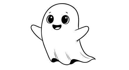Obraz premium Adorable Cartoon Ghost with Smiling Face and Outstretched Arms, Black Outline.