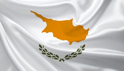 Cyprus national flag with white field, copper-orange island silhouette, and crossed green olive branches&mdash;symbolizing peace, unity, and historical identity.
