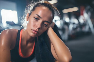 Tired woman after hard workout. Sweaty face and body after intensive exercising. Girl resting after fitness training
