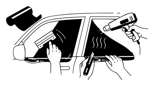 Applying Tint Film to Car Window with Tools and Heat Gun Illustration.