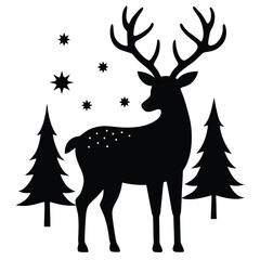 Black silhouette deer with antlers and trees forest