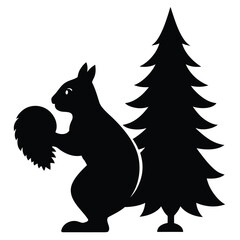 Black squirrel holding pinecone near evergreen tree