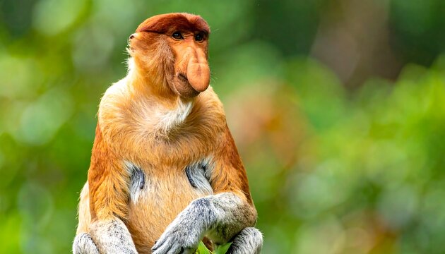 A close-up portrait of a proboscis monkey perched amidst lush green foliage. The monkey's distinctive long nose is visible