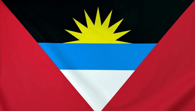 Antigua and Barbuda national flag with black, blue, and white tricolor, red side triangles, and rising yellow sun—symbolizing Caribbean identity, energy, and a new era. - Powered by Adobe