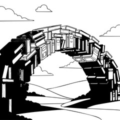 Artistic Black and White Illustration of a Bridge Constructed from Books.
