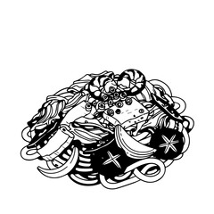 Artistic Black and White Illustration of a Delicious Pasta Dish with Toppings.
