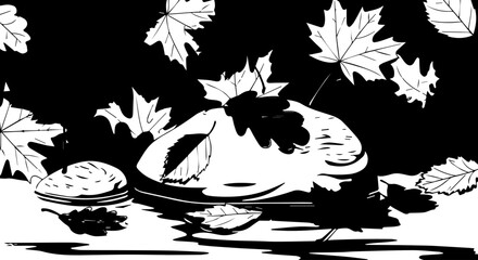 Artistic Black and White Illustration of a Stone with Falling Leaves.
