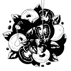 Artistic Black and White Illustration of Caprese Salad with Oil Drizzle.