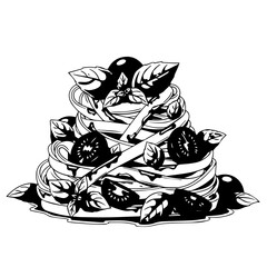 Artistic Black and White Illustration of Delicious Pasta Dish with Garnishes.