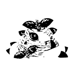 Artistic Black and White Illustration of Delicious Spaghetti Pasta Dish with Basil.