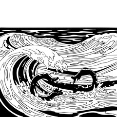 Artistic Black and White Illustration of Ocean Waves and Sea Serpents.
