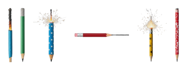 Creative pencil sparkler set including unlit, sparking, spent, and drawing stages isolated. Stationery and celebration concept.