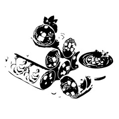 Artistic Black and White Illustration of Sliced Sausage and Garnishes.